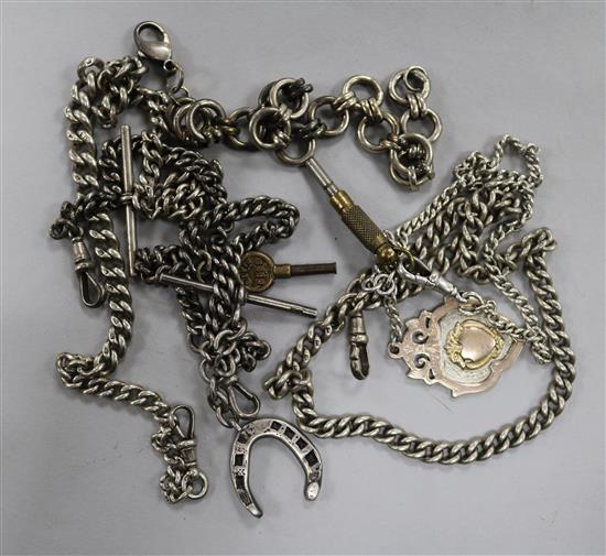 Four assorted silver alberts and a similar white metal chain.